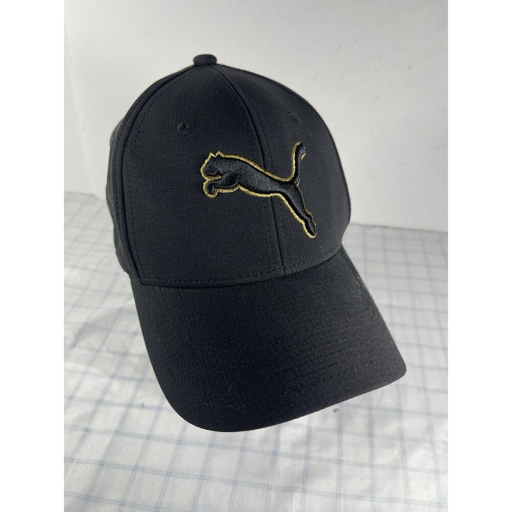 Puma Fitted Stretch Fit Hat Cap Black Gold Embroidered Cat Logo Size S/M Mens